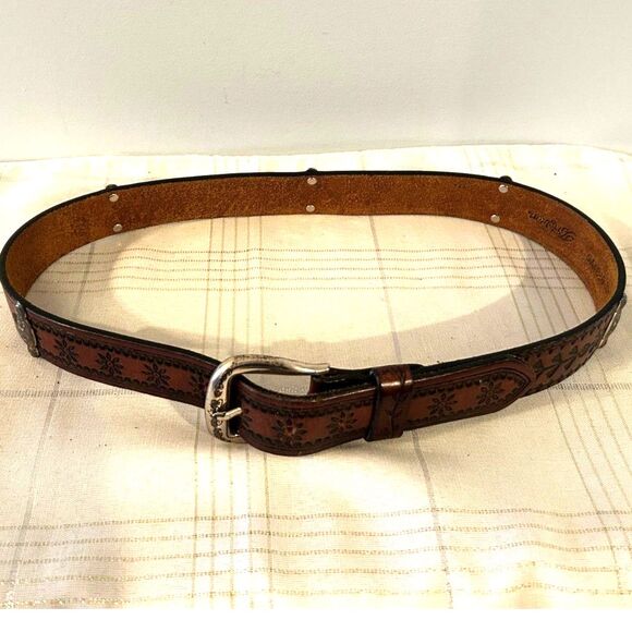 Brighton Vintage Brown Hand-Tooled Leather Belt - Size Large - Picture 5 of 6